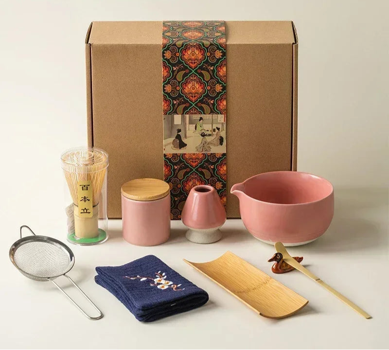 Traditional Japanese Matcha Set – 9 Piece Tea Ceremony Gift Box with Bowl, Whisk & Accessories (Pink, Green, White)