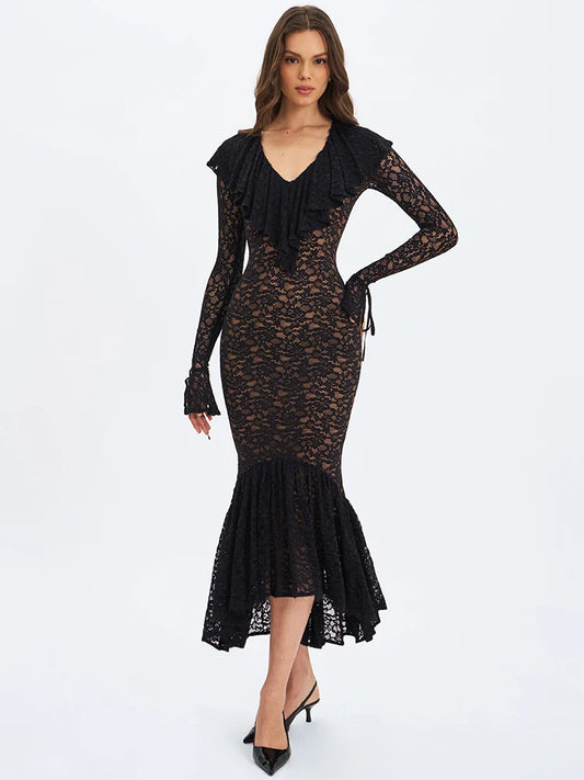 Milenna Lace Bodycon Midaxi Dress – Long Sleeve Black Occasionwear Formal Evening Gown