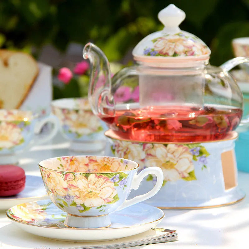 Floral English Tea Set with Glass Teapot & Porcelain Cups – Vintage Afternoon Tea Gift Set