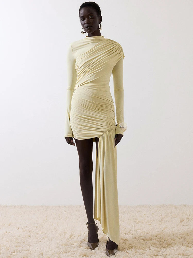 Zenyra Ruched Long Sleeve Mini Dress with Draped Asymmetric Skirt – One Shoulder Bodycon Partywear