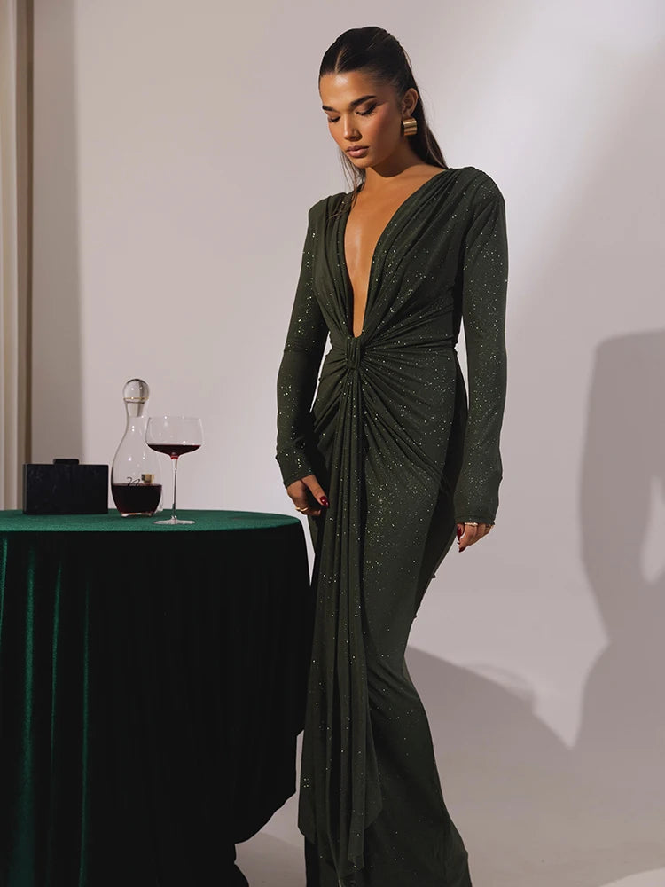 Elira Deep Plunge Glitter Maxi Dress – Long Sleeve Ruched Formal Gown for Special Occasions & Evening Glam
