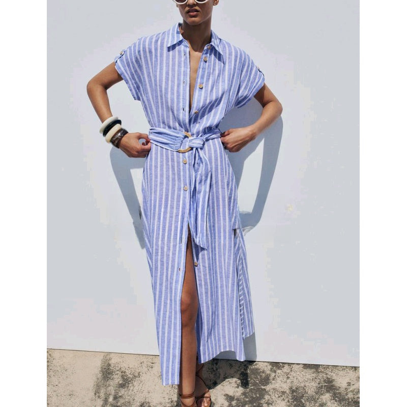 Alira Blue Stripe Shirt Dress – Button Front Midi Belted Summer Dress with Collar