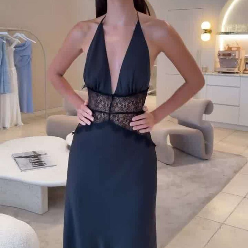 Alvara Halterneck Lace Panel Maxi Dress – Backless Sleeveless Occasion Gown