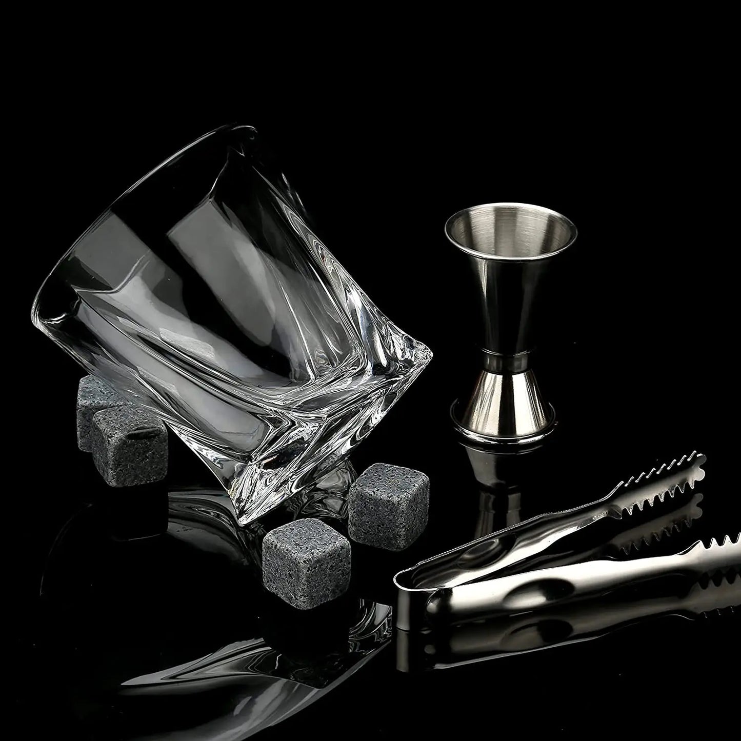 Signature Whisky Stones & Crystal Glass Gift Set in Wooden Box – Chilling Stones, Tongs & Premium Whisky Tumblers