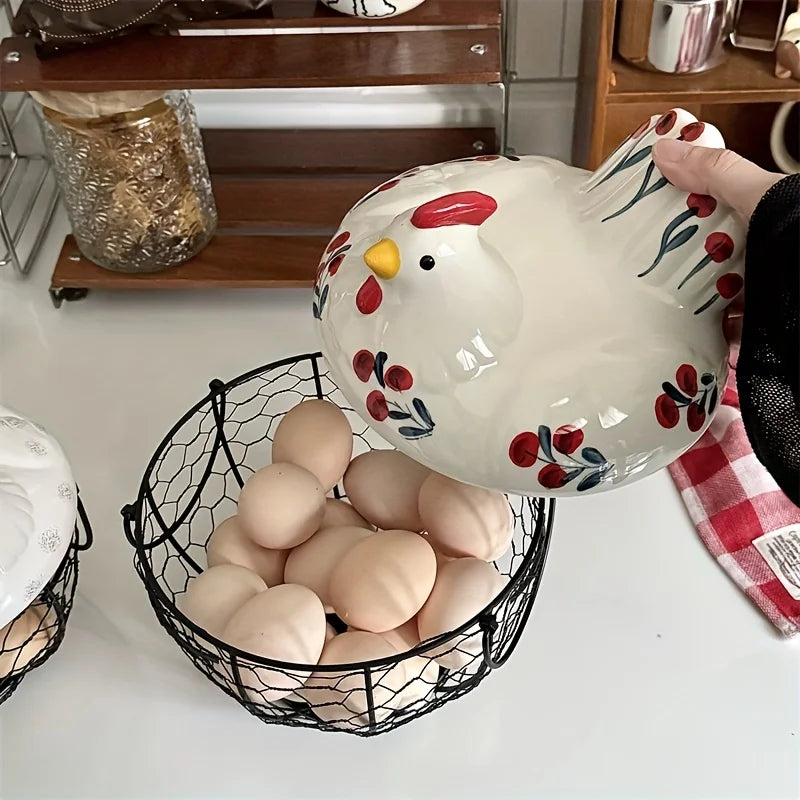 Clovelle Hen Ceramic Egg Holder Basket – Farmhouse Chicken Egg Storage Container with Lid for Kitchen Counter, Fruit and Vegetable Storage