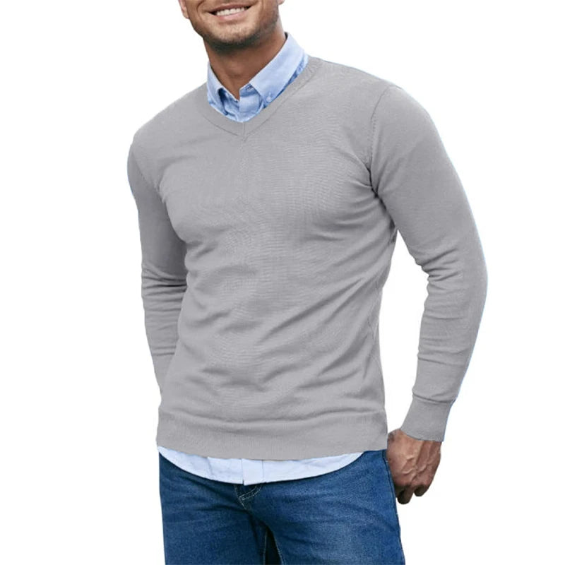 Men’s Slim Fit V-Neck Jumper – Lightweight Long Sleeve Knit Sweater for Autumn & Winter in Navy, Wine Red, Beige, Brown, Black, White, Grey