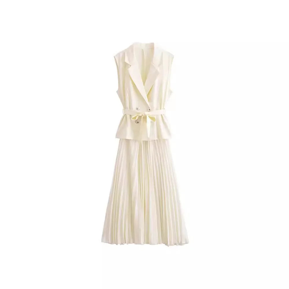 Nerina Double-Breasted 2 Piece Pleated Midi Dress – Sleeveless Blazer Top & Skirt Set in Black, Cream or Beige