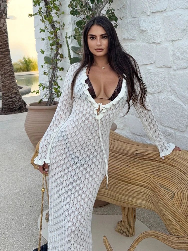 Aurelia Crochet Knit Beach Maxi Dress – Plunge Lace Up Cover Up with Ruffle Detail