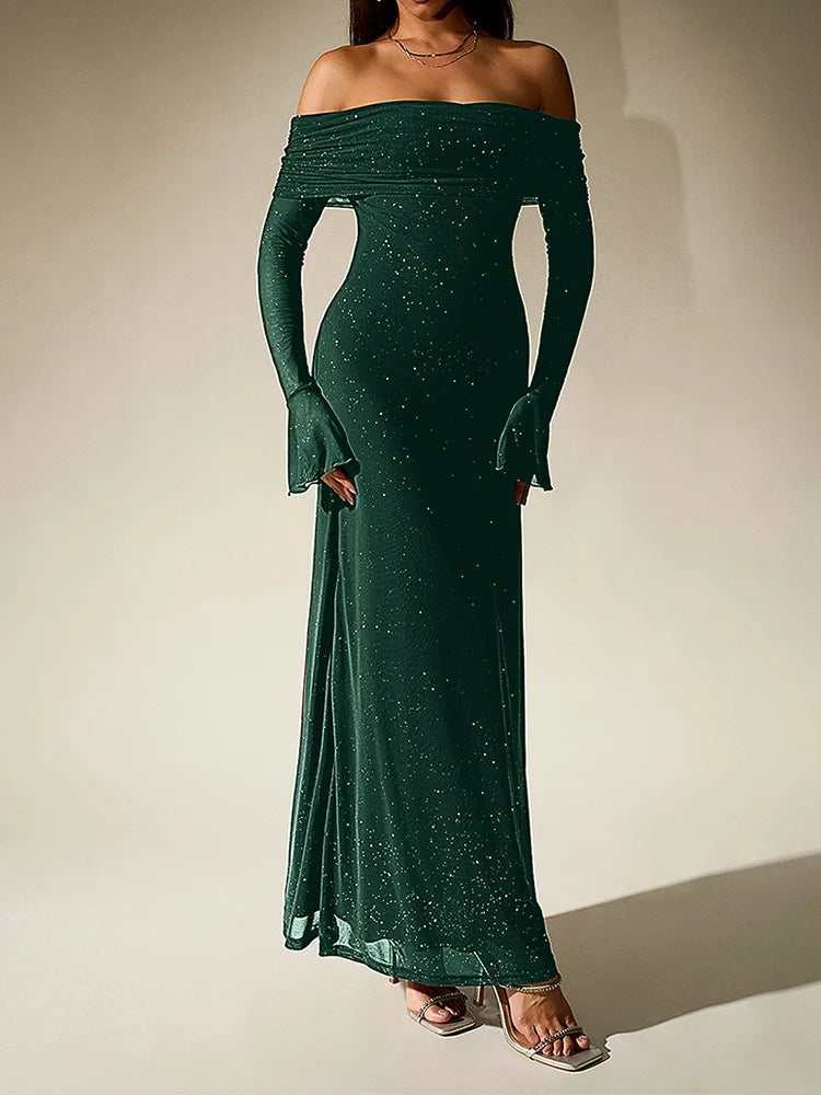 Aurevielle Off Shoulder Glitter Mesh Maxi Dress – Long Sleeve Bodycon Evening, Party & Wedding Guest Gown