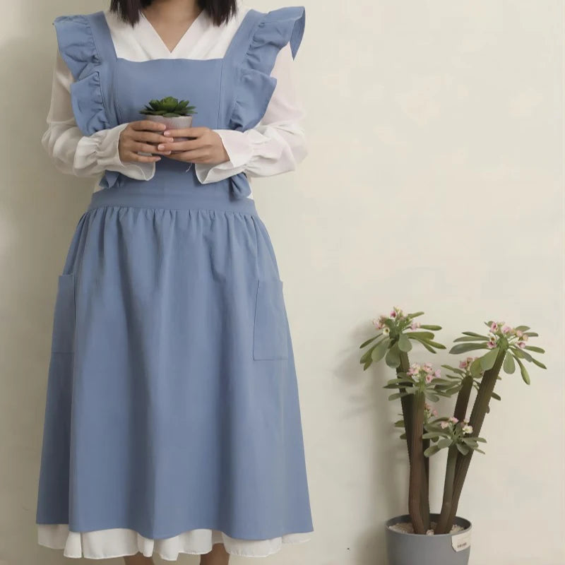 Vintage Frill Apron Dress – Ruffle Strap Kitchen Apron with Pockets for Cooking, Baking & Cleaning