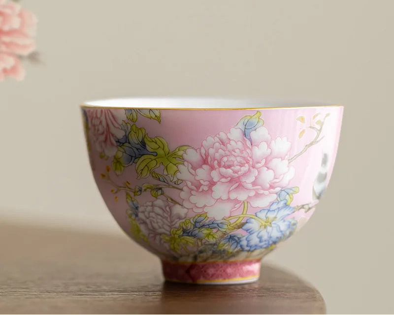 Kiyorae Floral Ceramic Tea Cup – Hand Painted Peony Matcha Bowl Small Tea Cup for Matcha, Herbal Tea & Espresso