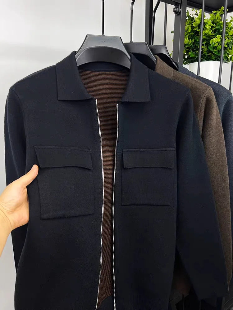 Men's Wool Blend Zip-Up Cardigan Jacket – Smart Casual Knit Overshirt with Utility Pockets and Turn-Down Collar
