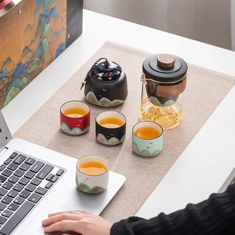 Hand-Painted Mountain Ceramic Tea Set with Tea Holder – 6-Piece Teapot & Four Cups Gift Box