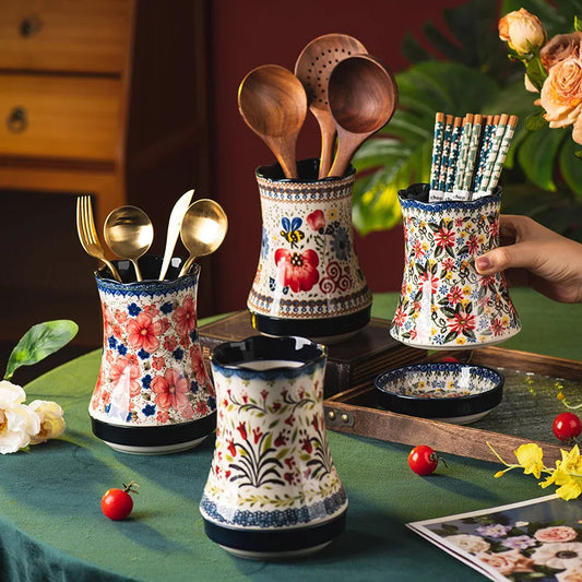 Floria Ceramic Utensil Holder – Floral Kitchen Utensil Caddy with Drain Base, Cutlery Holder, Spoon Fork Storage Organiser