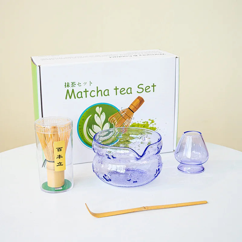 Akari Glass Matcha Tea Set – Pink & Purple Matcha Bowl Kit with Whisk, Scoop and Strainer, Complete Matcha Starter Gift Set