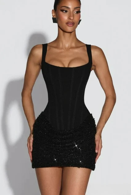 Nyssara Embellished Corset Mini Dress – Square Neck Party Dress for Eveningwear