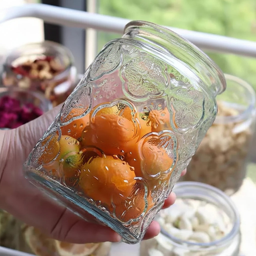 Embossed Glass Storage Jar with Wooden Lid