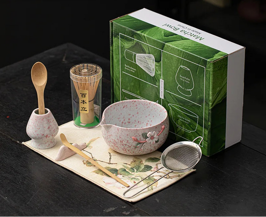 Blossom & Flecked Glaze Matcha Whisk Gift Set – Japanese Matcha Tea Set with Bamboo Whisk, Bowl & Accessories