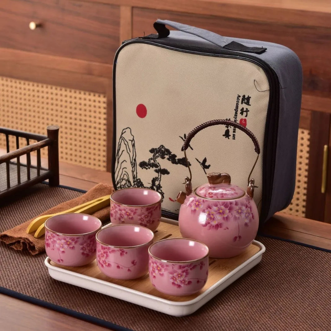 Willow Grove Travel Tea Set Collection – Ceramic Teapot and 4 Teacups Portable Tea Set with Case for Home, Gift and Outdoor Use