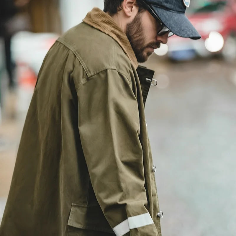 Kenslow Men’s Cotton Utility Trench Coat – Toggle Front Jacket with Corduroy Collar