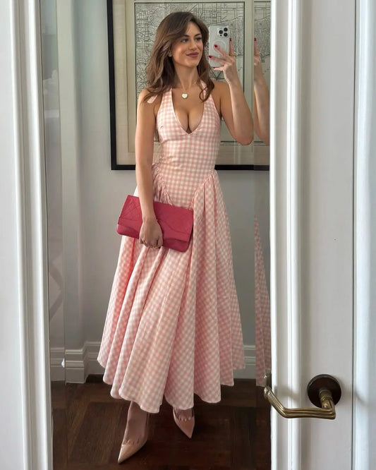 Lilienne Pink Gingham Halter Neck Midi Dress – Summer Picnic Party Dress with Open Back