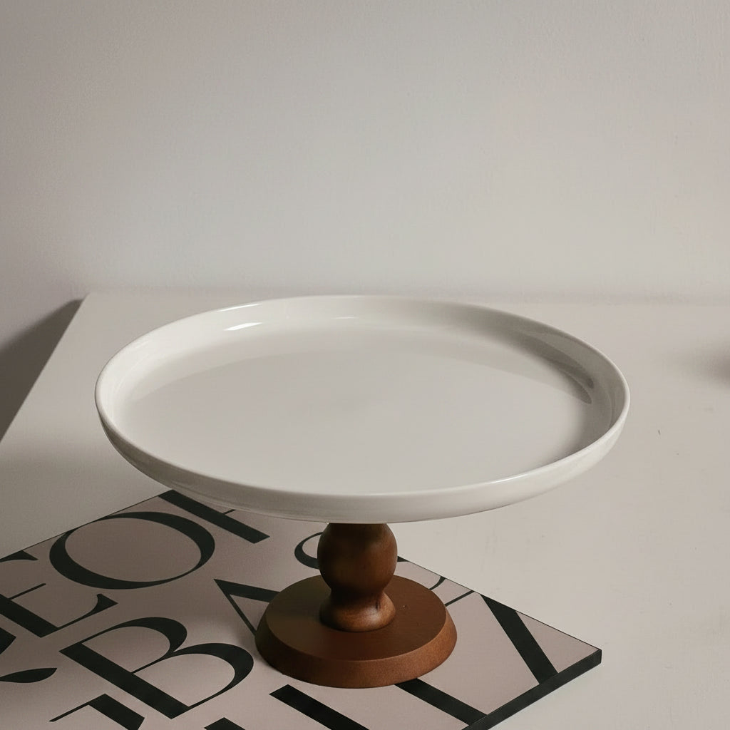 Tavola Ceramic Cake Stand with Wooden Base