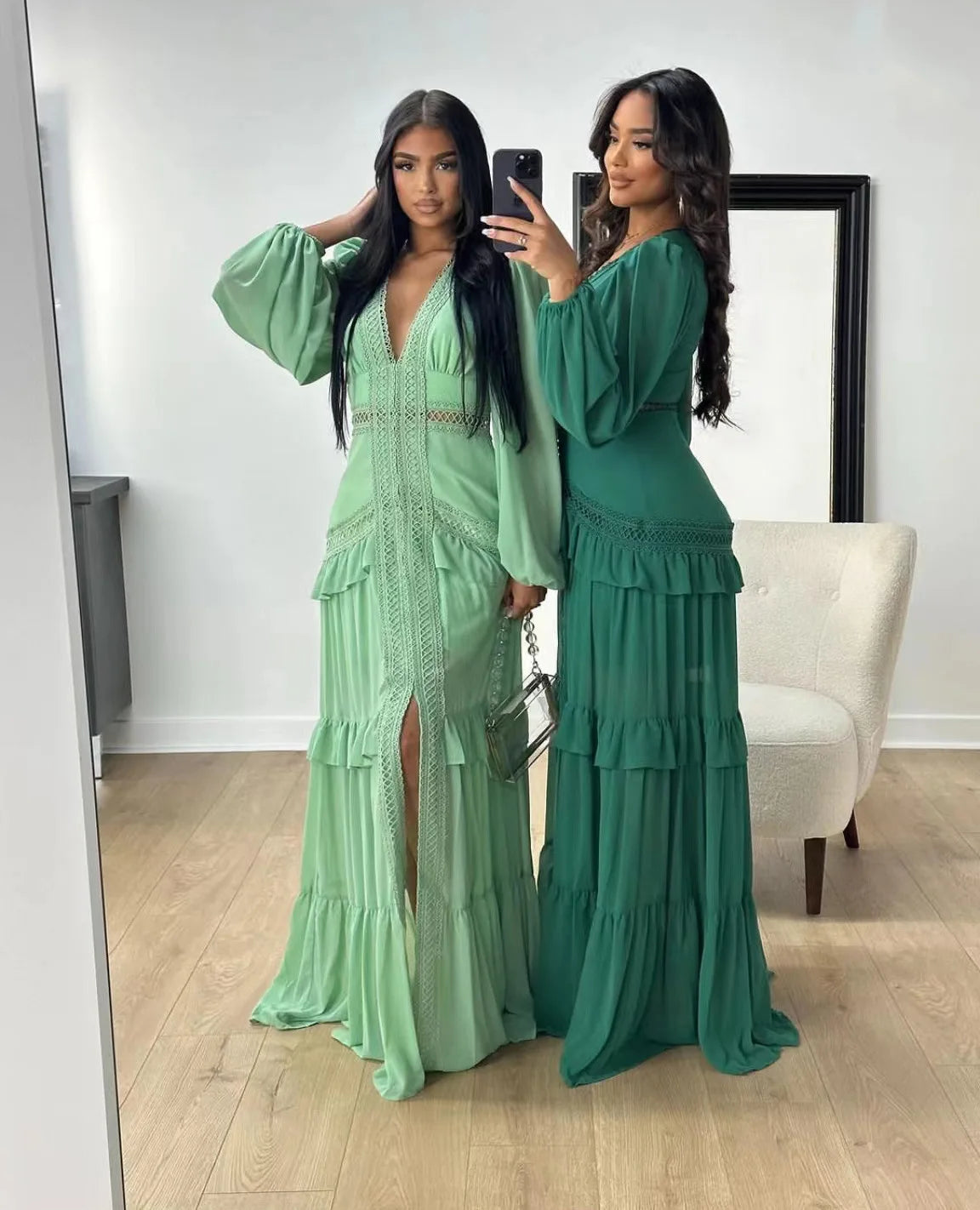 Seralyn Tiered Maxi Dress with Long Sleeves – V-Neck Wedding Guest Dress, Holiday Dress & Occasion Maxi