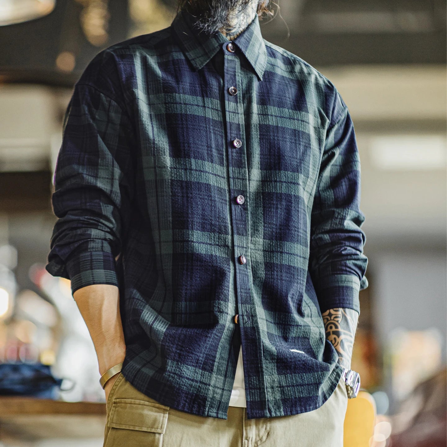 Denham Men’s Tartan Plaid Button-Up Shirt – Navy & Forest Green Long Sleeve Casual Check Shirt with Turn-Down Collar