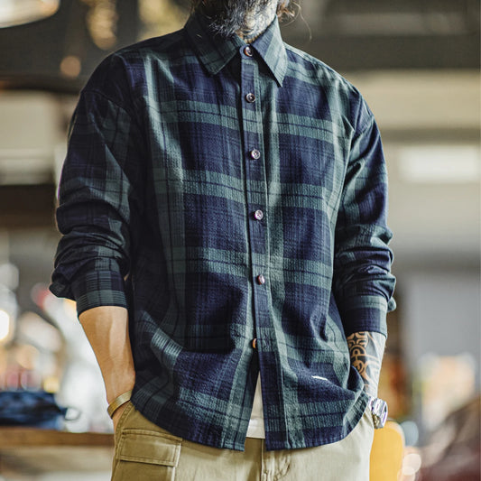 Denham Men’s Tartan Plaid Button-Up Shirt – Navy & Forest Green Long Sleeve Casual Check Shirt with Turn-Down Collar