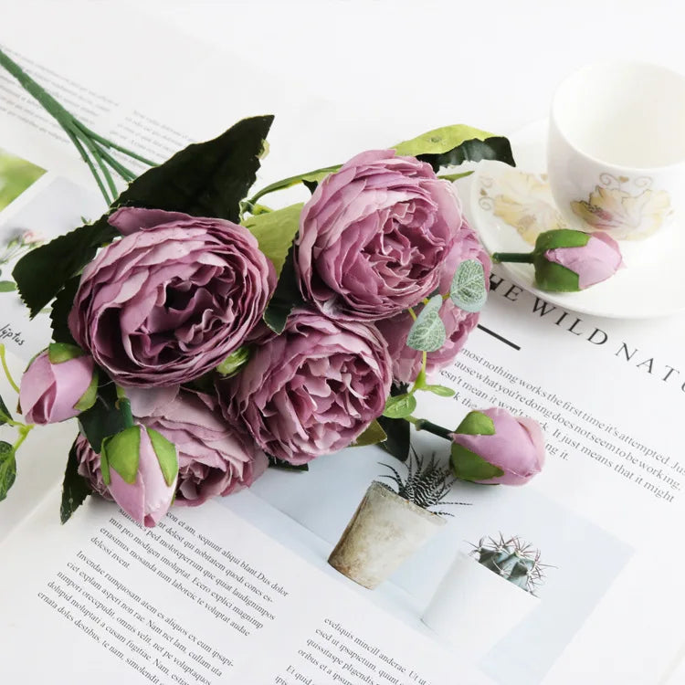 Peonelle Silk Peony Flower Bundle – 5 Head Faux Peony Stem with Buds Decorative Floral Arrangement