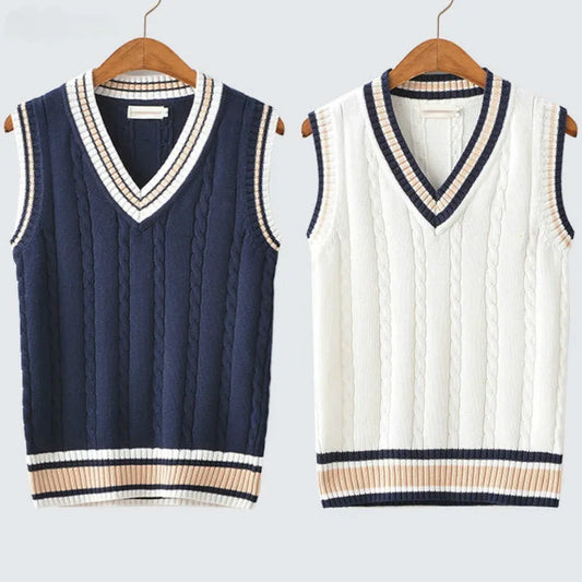 Sleeveless Cable Knit Vest with Stripe Trim – White & Navy Pullover Jumper Top for Men