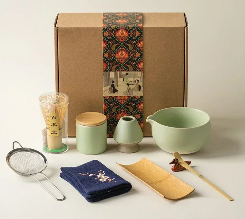 Traditional Japanese Matcha Set – 9 Piece Tea Ceremony Gift Box with Bowl, Whisk & Accessories (Pink, Green, White)