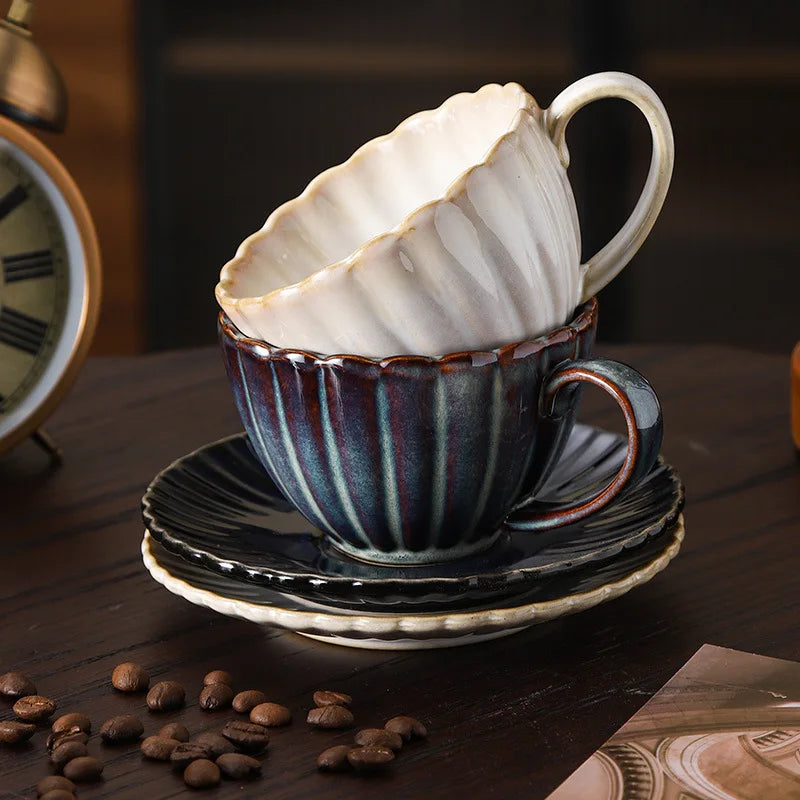 Aurevian Ribbed Coffee and Tea Cup and Saucer Set – Textured Ceramic Cup 200ml Signature Tableware