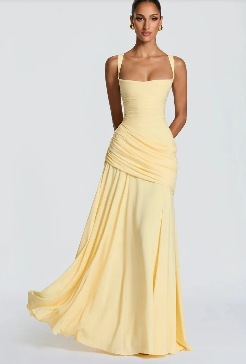 Carmela Ruched Draped - Yellow Maxi Dress