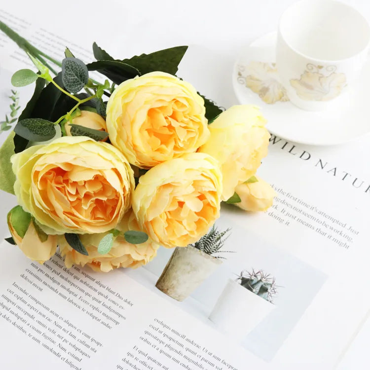 Peonelle Silk Peony Flower Bundle – 5 Head Faux Peony Stem with Buds Decorative Floral Arrangement