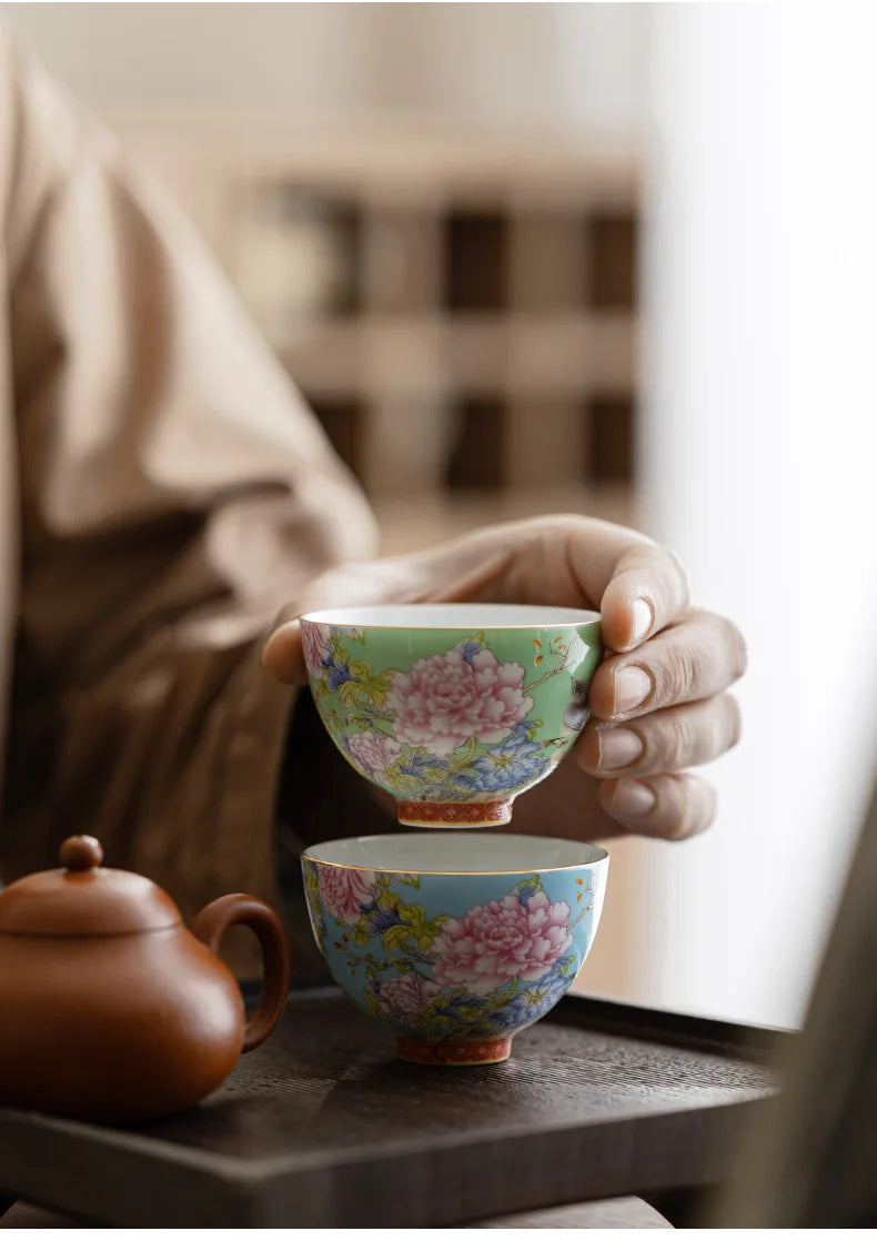 Kiyorae Floral Ceramic Tea Cup – Hand Painted Peony Matcha Bowl Small Tea Cup for Matcha, Herbal Tea & Espresso