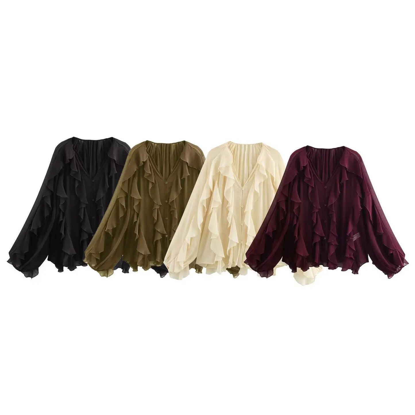 Senara Flared Ruffle Blouse – Feminine V-Neck Shirt in Claret, Green, Cream & Black