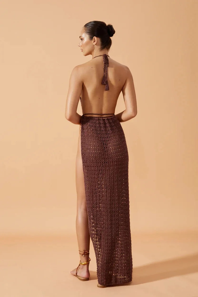 Varelle Crochet Halter Maxi Dress – Deep Plunge Beach Cover Up