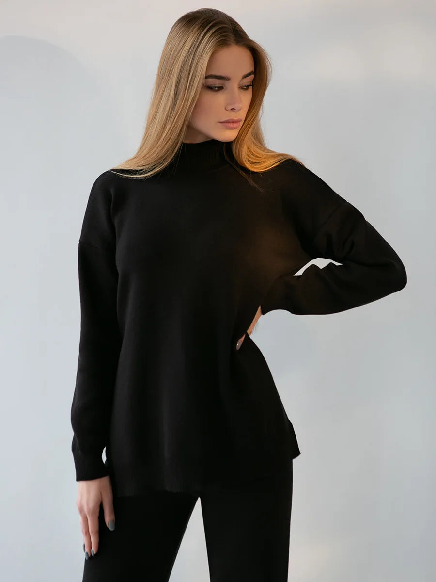 Zaneya Knit Co-Ord Lounge Set – Ribbed Turtle Neck Jumper and Wide Leg Trousers in Pink, White, Beige, Black or Green