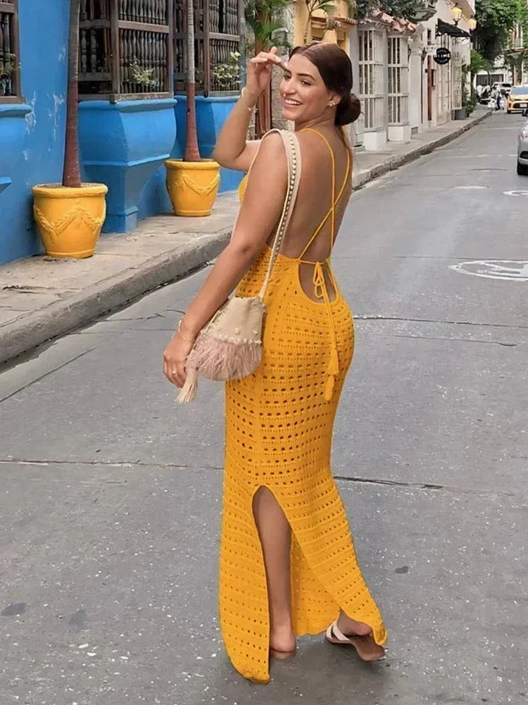 Sorelle Crochet Backless Maxi Dress