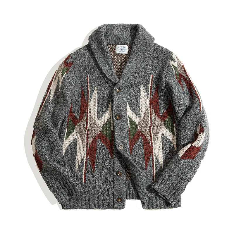 Ashworth Shawl Collar Cardigan – Men's Thick Knit Geometric Button-Up Wool Blend Jumper