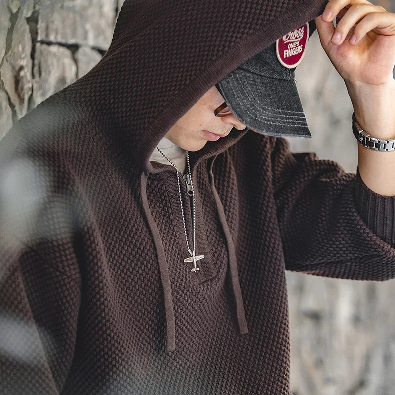 Calverton Zip Front Knit Hoodie – Men’s Textured Half-Zip Hooded Pullover Jumper