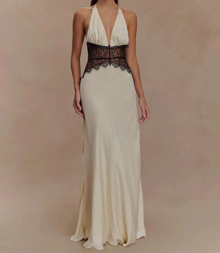 Alvara Halterneck Lace Panel Maxi Dress – Backless Sleeveless Occasion Gown