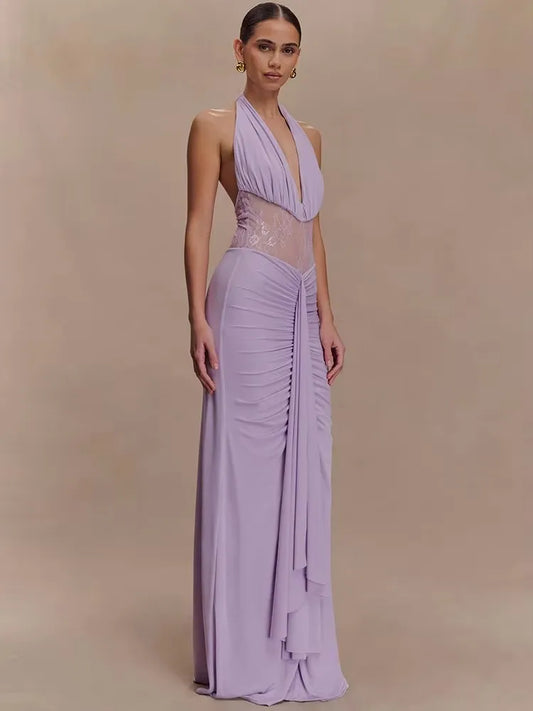 Alessine Lace Halter Maxi Dress – Sheer Panel Ruched Evening Gown for Wedding Guest & Partywear