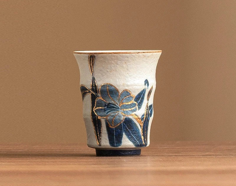 Lily Bloom Hand-Painted Ceramic Tea Cup – Blue Floral Matcha Cup, Espresso Cup, Loose Leaf Tea Cup, Decorative Tea Bowl