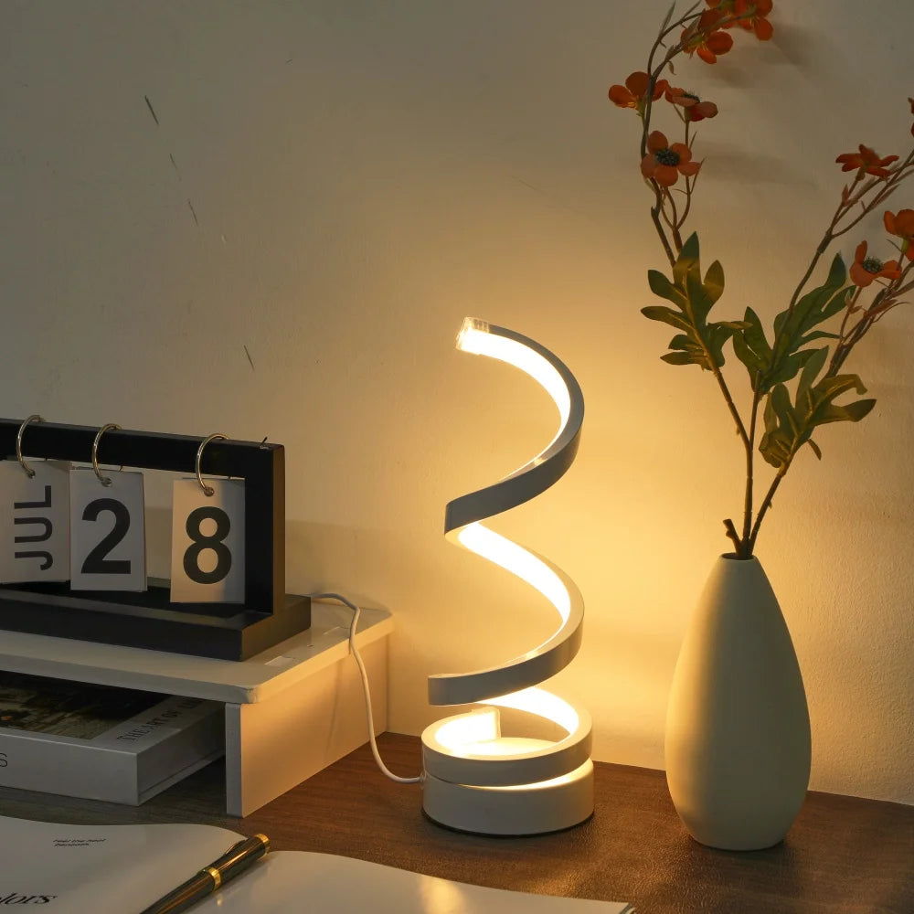 Modern LED Spiral Table Lamp – Dimmable Bedside Lamp, USB Powered Desk Lamp for Bedroom, Living Room & Home Lighting