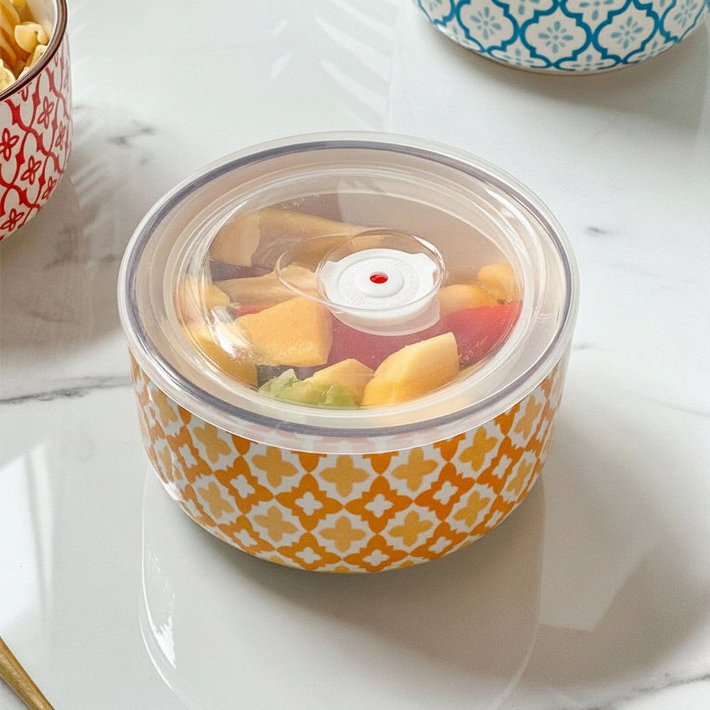 Mosaic Ceramic Storage Bowl with Lid – Floral Food Storage & Serving Bowl