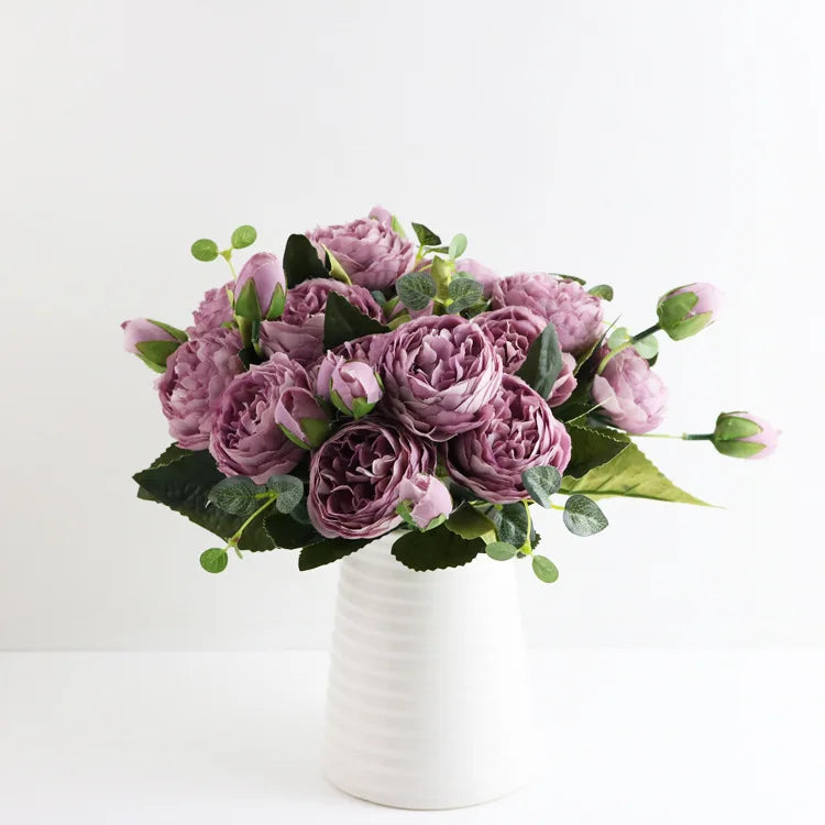 Peonelle Silk Peony Flower Bundle – 5 Head Faux Peony Stem with Buds Decorative Floral Arrangement