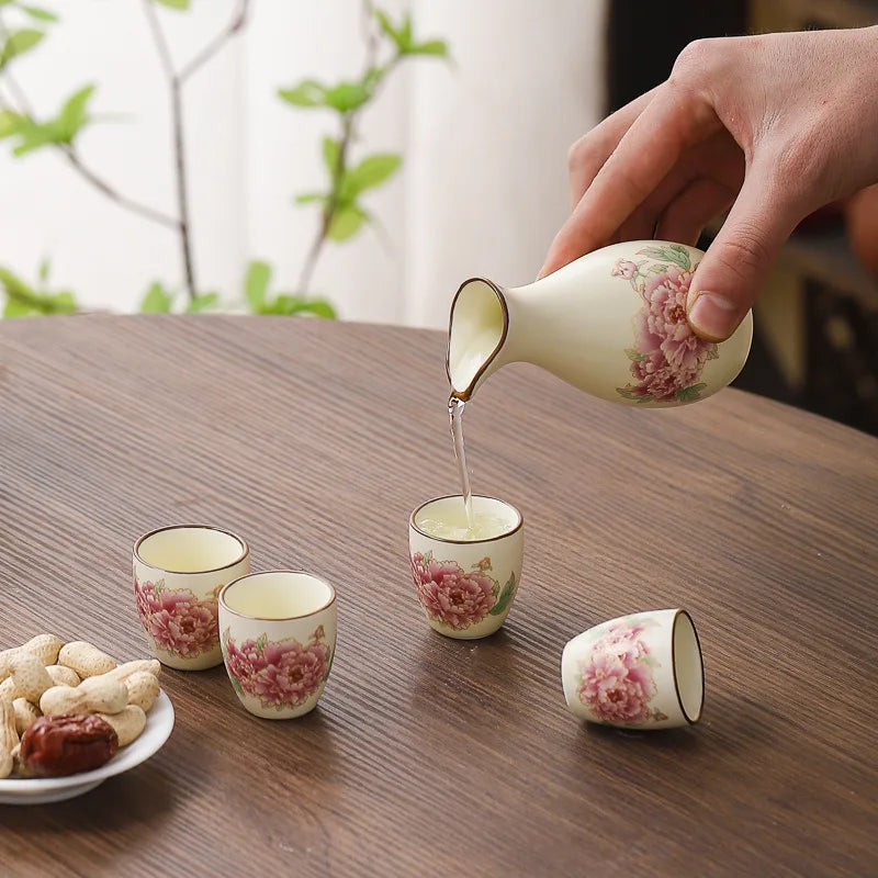 Sakura Blossom Ceramic Sake Gift Set – 5 Piece Sake Carafe and Cup Set
