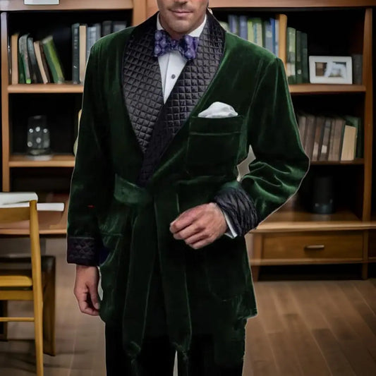 Kingswell Velvet Smoking Jacket – Men’s Quilted Lapel Evening Dinner Jacket with Waist Tie and Chest Pocket Square